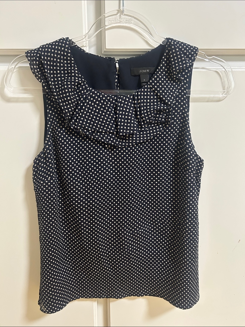 J. Crew Vintage Navy Silk Polka Dot Ruffle Neck Sleeveless Top 2
